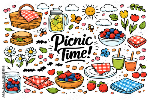 Spring Picnic Essentials. Outdoor spring picnic essentials showing picnic basket, blanket, lemonade jar, sandwiches, fruit bowl,