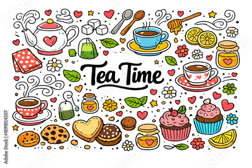 Tea Time Doodles. Relaxing tea time snacks with teapot, teacup, saucer, teabag, cookies, cupcakes plus steam swirls, sugar cubes,