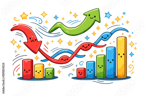 Whimsical Market Trends. Whimsical doodle chart world where upward and downward trends, bars, and lines are smiling, flowing
