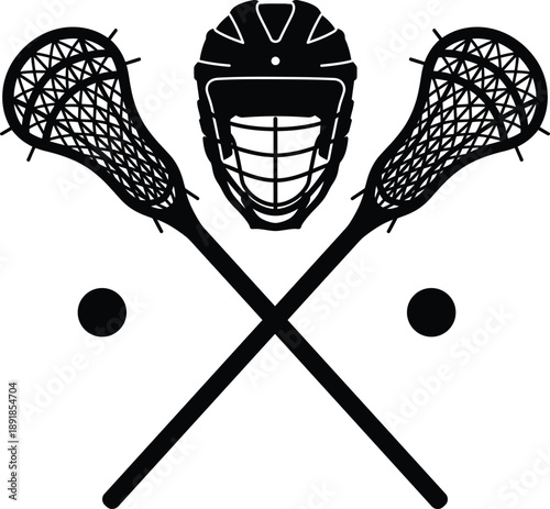 Crossed Lacrosse Sticks with Helmet and Ball Silhouette Vector Icon