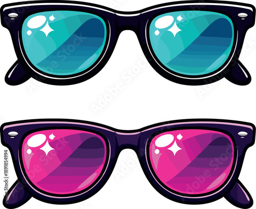 Two-Color vector icons of pair of sunglasses: frame shape, twin lenses, curved bridge, side temples, hinge dot, rim line, lens