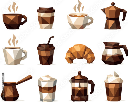 Morning Coffee Icon Set. Low-poly polygonal vector icon set focused on morning coffee, hot beverages, breakfast drinks, and