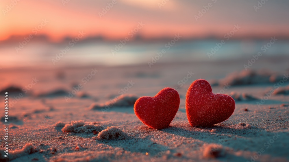 Fototapeta premium Two red hearts on sandy beach at sunset.