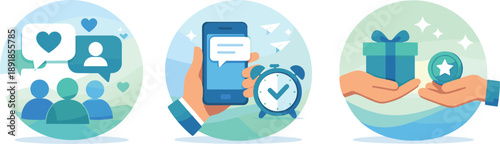 Engaging Interaction Icons. Audience connection scene illustrated via meaningful interactions, timely responses, and value-driven