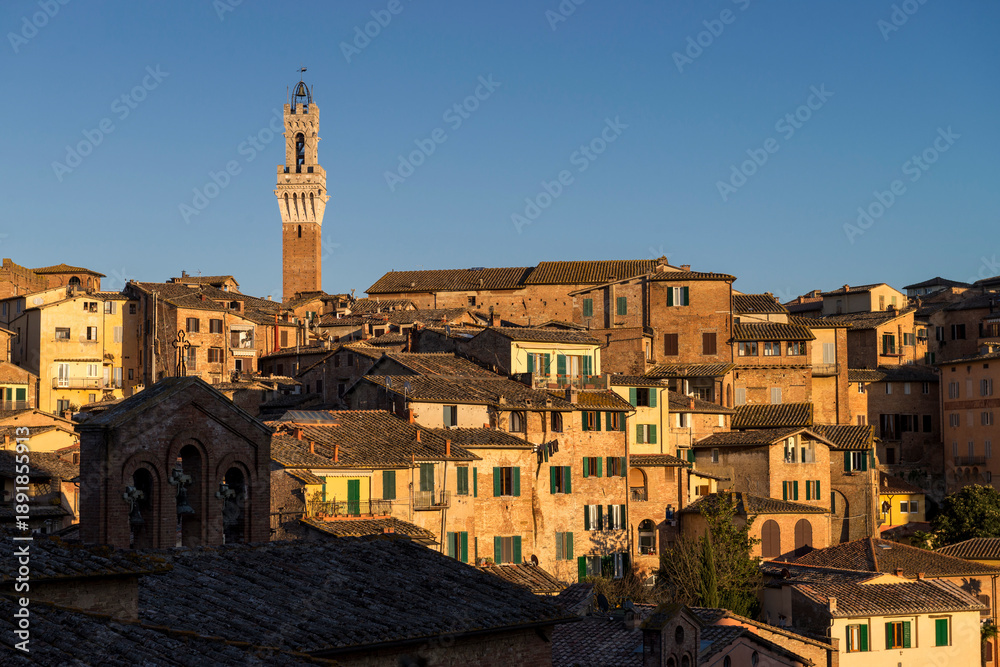 Obraz premium Siena, Italy - March 27, 2019. Scenic view of old town of Siena in a sunset light