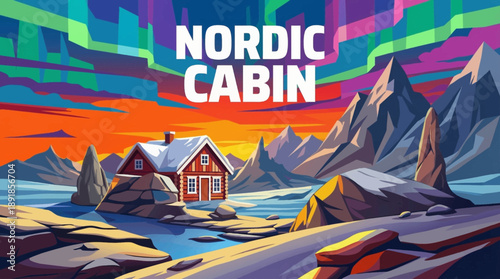 Scandinavian style cabin surrounded by snow covered land under a dramatic northern sky, perfect for minimal design, winter travel, and modern lifestyle themes