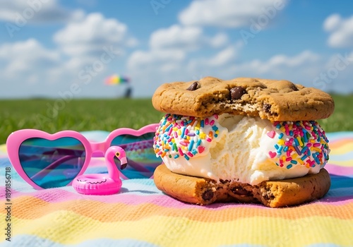 Colorful ice cream sandwich on a picnic blanket