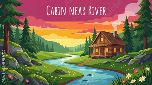cabin located near a flowing river in a lush green valley vector cartoon, representing fresh nature, sustainable living, and peaceful countryside life