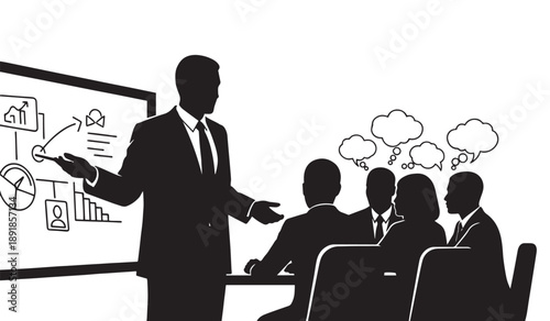 A silhouetted business professional presents to a group of colleagues during a meeting utilizing charts and graphs on a whiteboard