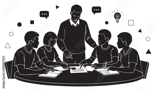 A black and white illustration depicts a business meeting with a leader presenting ideas to a team of colleagues high quality