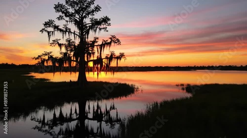Scenic Louisiana sunset over tranquil lake with silhouetted tree and wooden pier reflecting colorful sky