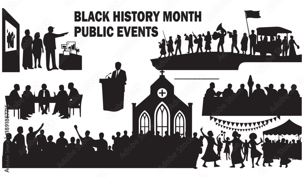 Obraz premium A black and white illustration depicts scenes of public events a church and crowds celebrating black history month high quality professional