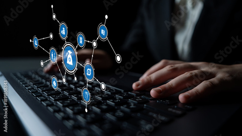 Quadro em tela A businessman types on a keyboard amidst digital icons symbolizing data security and financial technology