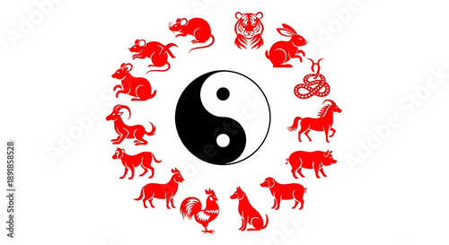 Yin Yang Symbol Surrounded by Chinese Zodiac Animals in Red.
