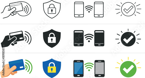 Contactless Payment Icons. Icon object one for tap payment initiation, icon object two for secure transaction, icon object three