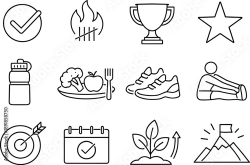 Line style vector icons of Positive habit building: check mark, streak, trophy, star; water bottle, healthy meal, walking shoes,