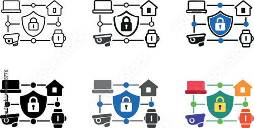 IoT security management symbol showing interconnected devices protected by a central shield with small signal nodes to express