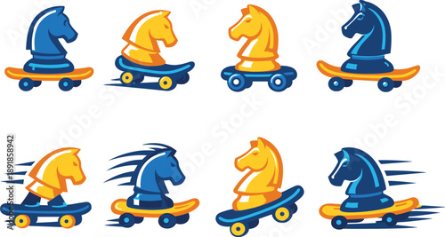 Two-Color vector icons of chess knight piece on skateboard: knight on rolling board, tilted knight riding deck, carved horse