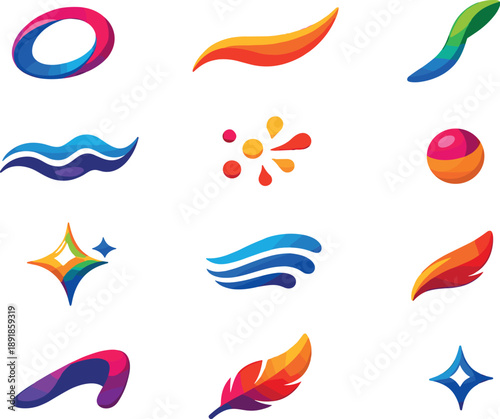 Two-Color vector icons of slender organic shapes: arc loop, curve sweep, leg line, contour wave, dotted spark, tiny bead, shine