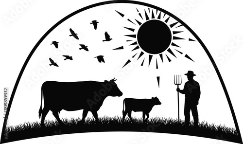 Black silhouette vector illustration of a farmer holding a pitchfork, standing with a cow and calf, under a sun and birds, isolated on white for agriculture.