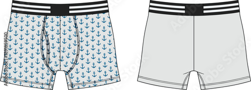 Boxer briefs front and back flat sketch, anchor print black waistband stripe detail, cad drawing flat vector illustration underwear fashion template