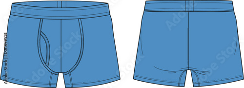 Boxer briefs front and back flat sketch, contoured pouch waistband seam detail, cad drawing flat vector illustration underwear fashion template