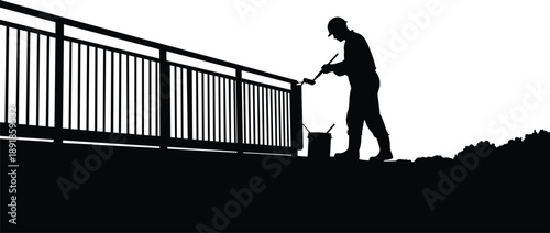 Bridge, railing, painting, silhouette, posture, gesture, roller, bucket, helmet, maintenance, labor, infrastructure, setup, public, metal, vector, black, pose, flavector, minimal
