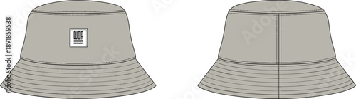 Bucket hat front and back flat sketch, patch detail stitched brim crown seam lines, cad drawing flat vector illustration fashion template