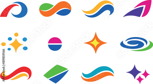 Two-Color vector icons of organic curved shapes: arc loop, nut curve, tail wave, contour bend, dotted spark, tiny bead, shine
