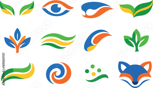 Two-Color vector icons of organic facial patterns: leaflike cheek arcs, natural eye-ring curve, soft muzzle line, earthy mask
