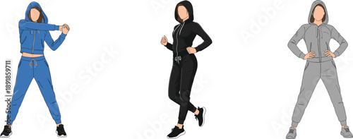 cad drawing flat vector, hooded tracksuit poses, athletic fashion illustration, jogging stretching stance, sporty outfit set, activewear design