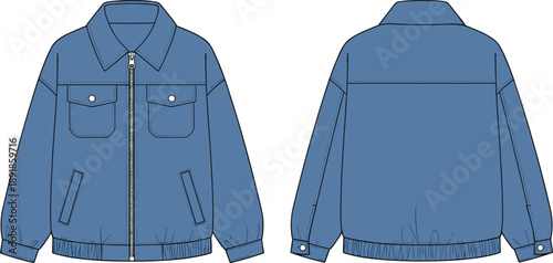 cad drawing flat vector, denim jacket front back view, technical fashion sketch, garment template, apparel design, vector illustration