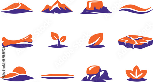 Two-Color vector icons of desert minimalism: simple dune arc, bare ridge, clean rock line, thin sand wave; minimal bone curve,
