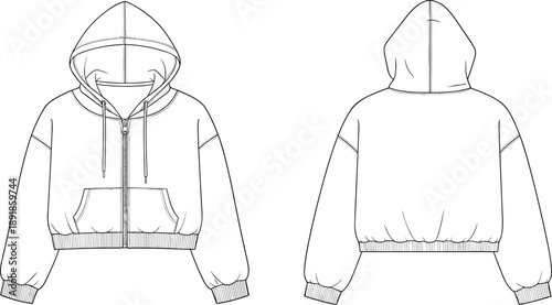 cad drawing flat vector, hooded zip sweatshirt sketch, front back view, kangaroo pocket design, fashion template, apparel construction illustration