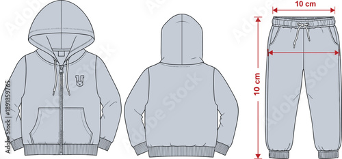 cad drawing flat vector, kids hoodie sweatpants set, technical fashion sketch, garment template, apparel design, vector illustration, front back view