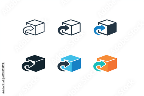 Modern product return symbol featuring a clean box shape combined with a backward circular arrow to represent hassle free return