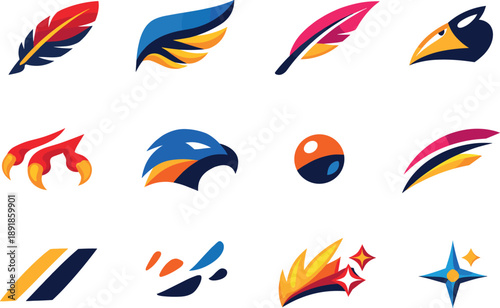 Two-Color vector icons of avian features: feather plume, wing arc, curved quill, beak tip, talon line, contour stroke, tiny bead,