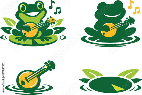 Two-Color vector icons of a musical pond creature inspired by a banjo-playing frog: melodic frog, round pad, tiny banjo pluck,