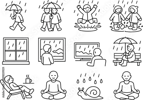 Line style icons of rainy day activities: walk, stroll, jump, play; window, view, watch, wait; relax, pause, slow, calm Strict