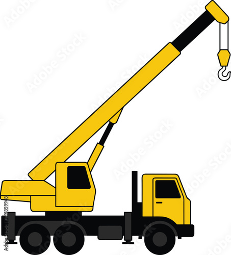 Cartoon mobile crane truck, yellow construction vehicle, telescopic boom arm, lifting hook illustration, educational machinery vector, simplified equipment drawing, flavector