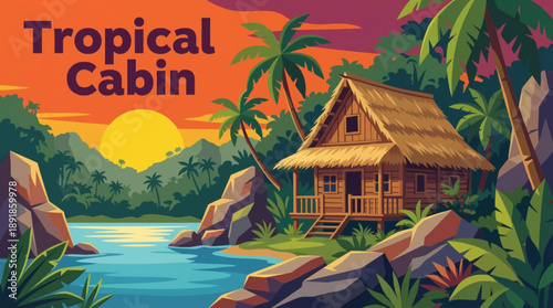 wooden cabin immersed in dense tropical jungle with lush vegetation, expressing exotic travel, adventure, and natural biodiversity concepts