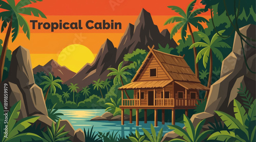 wooden cabin immersed in dense tropical jungle with lush vegetation, expressing exotic travel, adventure, and natural biodiversity concepts