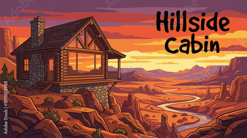 cabin built on a hillside overlooking vast natural scenery cartoon vector, emphasizing freedom, exploration, and inspirational outdoor living