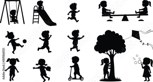 Children, outdoor, activity, silhouette, posture, gesture, swing, slide, ball, scooter, tree, bubble, vector, black, pose, setup, playground, motion, recreational, flavector