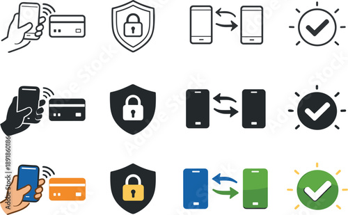Icon object one for tap payment initiation, icon object two for secure transaction, icon object three for wireless transfer, icon