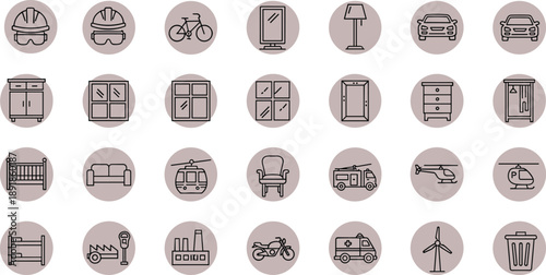 Circular line icons of everyday objects including furniture, vehicles, tools, and appliances—ideal for UI, infographic, and lifestyle design projects - flavector