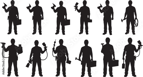 Construction worker silhouette set with tools and equipment, black vector illustration for labor, trades, or industrial-themed stock image and catalog template