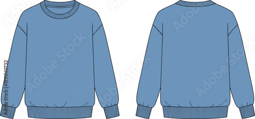 Crewneck sweatshirt front and back flat sketch, dropped shoulder ribbed cuff hem neckline detail, cad drawing flat vector illustration fashion templateCrewneck sweatshirt front and back flat sketch