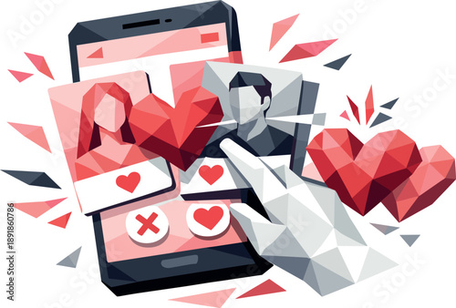 Smartphone with dating app, heart icons, swipe gestures, red and white color scheme.