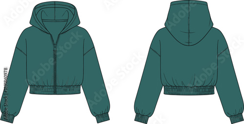Cropped hooded jacket technical sketch, front and back view, fashion flat, garment construction, black vector, apparel design, clothing template, ribbed cuff, puff sleeve, production layout